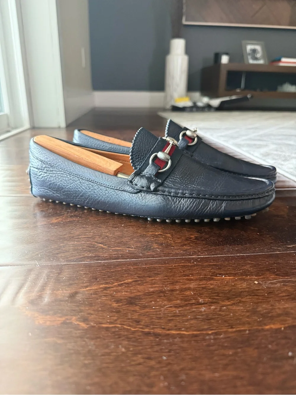 Gucci Navy Leather Horsebit-Detail Loafers